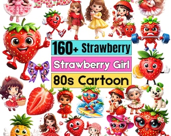160+ Retro Strawberry Girl PNG Bundle | 80s & 90s Cartoon Style Berry Friends Clipart | Cute Coquette Bow Vintage Sticker Pack