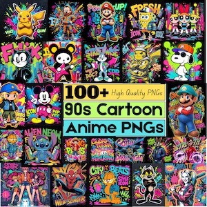 Puede incluir: Un collage vibrante de PNGs de estilo cartoon y anime de los 90. Con personajes como Pikachu, Mickey Mouse, Mario y otros, con fondos de arte graffiti. El texto dice "100+ High Quality PNGs, 90s Cartoon Anime PNGs."
