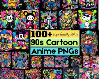 100+ 90s Cartoon PNG Bundle, Retro Anime Graffiti Clipart, Street Pop Art Characters, Neon Urban Digital Download Pack
