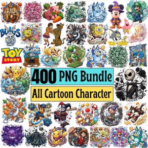 May include: A digital collection of 400 PNG files featuring various colourful cartoon characters including Bugs Bunny, SpongeBob SquarePants, Pokémon, Bluey, Mickey Mouse, and Jack Skellington, with text reading 400 PNG BUNDLE All Cartoon Character.