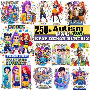 Puede incluir: Una compilación de arte digital con varios personajes de dibujos animados y el texto "250+ Autism PNG SVG KPOP DEMON HUNTRIX." Las imágenes incluyen personajes con piezas de rompecabezas de arcoíris y las frases "It's ok to be different" y "Be Kind."