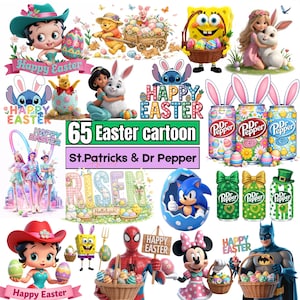 May include: A collage of cartoon characters and Easter-themed graphics. Characters include Betty Boop, Winnie the Pooh, SpongeBob, and Disney princesses. The image features Easter eggs, baskets, and the text "Happy Easter" and "65 Easter cartoon".