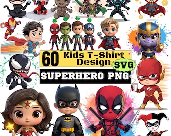 60 Cute Chibi Superhero Clipart Bundle PNG, Superhero Kids PNG and\ SVG, Watercolor Superhero Characters, Sublimation & Cricut Design