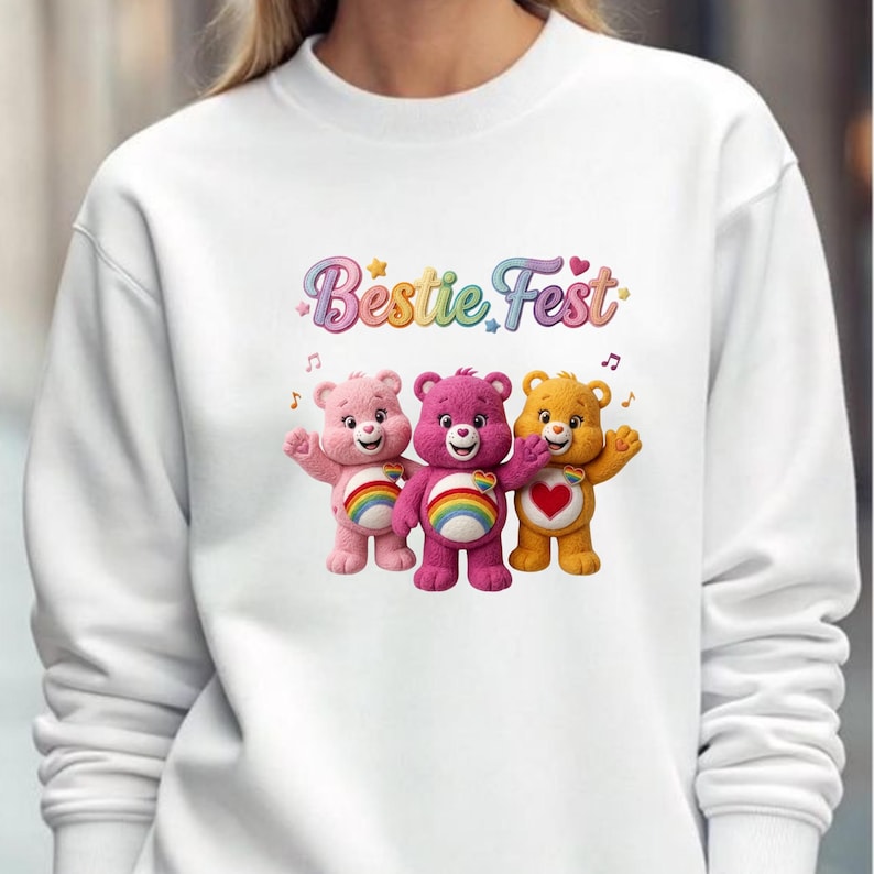 May include: White sweatshirt featuring three colorful bear characters with rainbow bellies. The text "Bestie Fest" is above the bears. The bears are pink, purple, and yellow. Musical notes are scattered around the text.