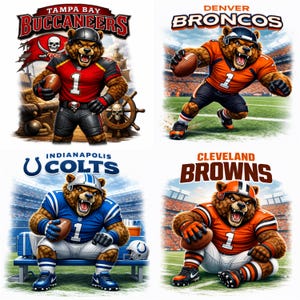 May include: Four images featuring cartoon bear mascots representing NFL teams. The Tampa Bay Buccaneers bear is in a pirate theme. The Denver Broncos bear is in a football stance. The Indianapolis Colts bear sits on a bench. The Cleveland Browns bear sits with a football.