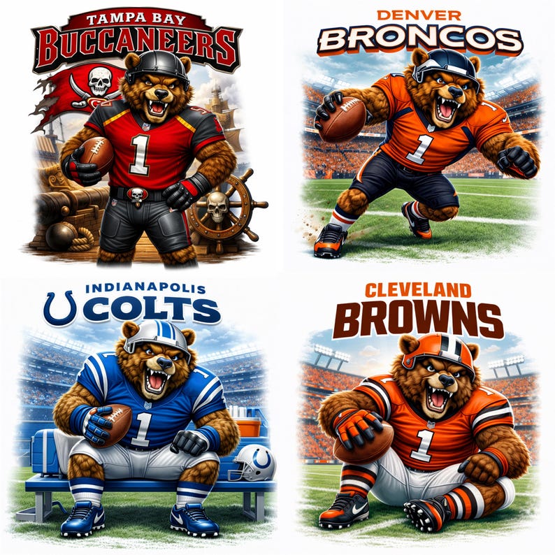May include: Four images featuring cartoon bear mascots representing NFL teams. The Tampa Bay Buccaneers bear is in a pirate theme. The Denver Broncos bear is in a football stance. The Indianapolis Colts bear sits on a bench. The Cleveland Browns bear sits with a football.