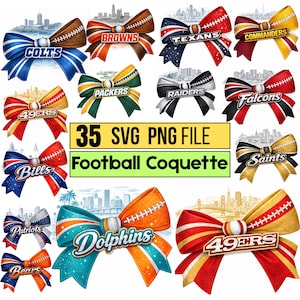 May include: A collection of football-themed bows with team names like "Colts," "Browns," and "Texans." Each bow features team colors and a football design. The image also includes the text "35 SVG PNG FILE Football Coquette."