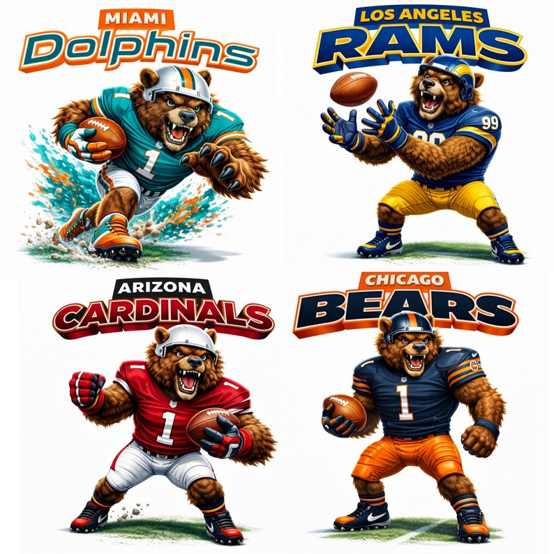 May include: Four illustrations of bear mascots in football uniforms. The Miami Dolphins bear is in teal and orange. The Los Angeles Rams bear is in blue and yellow. The Arizona Cardinals bear is in red and white. The Chicago Bears bear is in navy and orange.