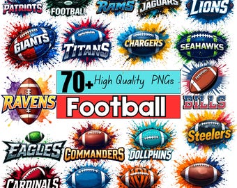 Puede incluir: Una colección de gráficos coloridos con temática de fútbol, con logotipos de equipos como Patriots, Giants y Seahawks. La imagen incluye el texto "70+ High Quality PNGs Football". Cada logotipo está sobre un fondo vibrante de salpicaduras.