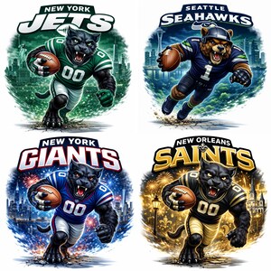 May include: Four illustrations of NFL team mascots. The New York Jets have a panther in green and white. The Seattle Seahawks have a bear in blue and green. The New York Giants have a panther in blue and white. The New Orleans Saints have a panther in black and gold.