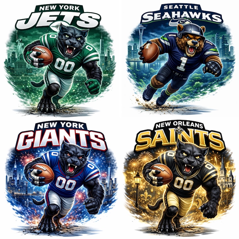 May include: Four illustrations of NFL team mascots. The New York Jets have a panther in green and white. The Seattle Seahawks have a bear in blue and green. The New York Giants have a panther in blue and white. The New Orleans Saints have a panther in black and gold.