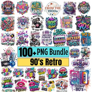 May include: A digital collection of over 100 retro 90s themed graphic designs featuring vibrant illustrations of boomboxes, cassette tapes, disco balls, handheld game consoles, and neon typography with phrases like 90s Ruled and Good Vibes.