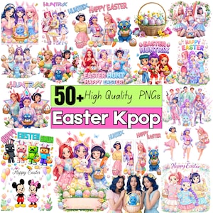 May include: A selection of digital PNG graphics with an Easter and K-Pop theme. The images feature anime-style characters with bunny ears, Easter eggs, baskets, and the text "Happy Easter". The text "Easter Kpop" is also present.