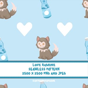 Könnte beinhalten: Nahtloses Muster mit Cartoon-Illustrationen einer braunen wolfsähnlichen Kreatur, blauen Ramune-Flaschen und weißen Herzen auf hellblauem Hintergrund. Der Text "Love Ramune Seamless Pattern" wird angezeigt.