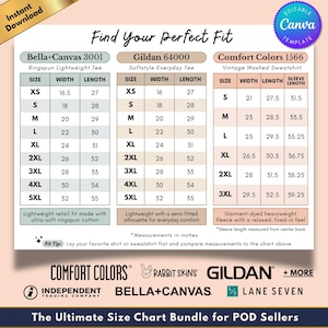 May include: A size chart template for Bella+Canvas, Gildan, and Comfort Colors apparel, with measurements in inches. The chart includes size, width, and length for various sizes, from XS to 5XL, and sleeve length for Comfort Colors. The text "Find Your Perfect Fit" is at the top.