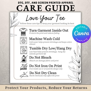 T-Shirt Care Instructions Chart | Editable Canva Template | DTG & DTF Wash Card Guide | POD Apparel Care