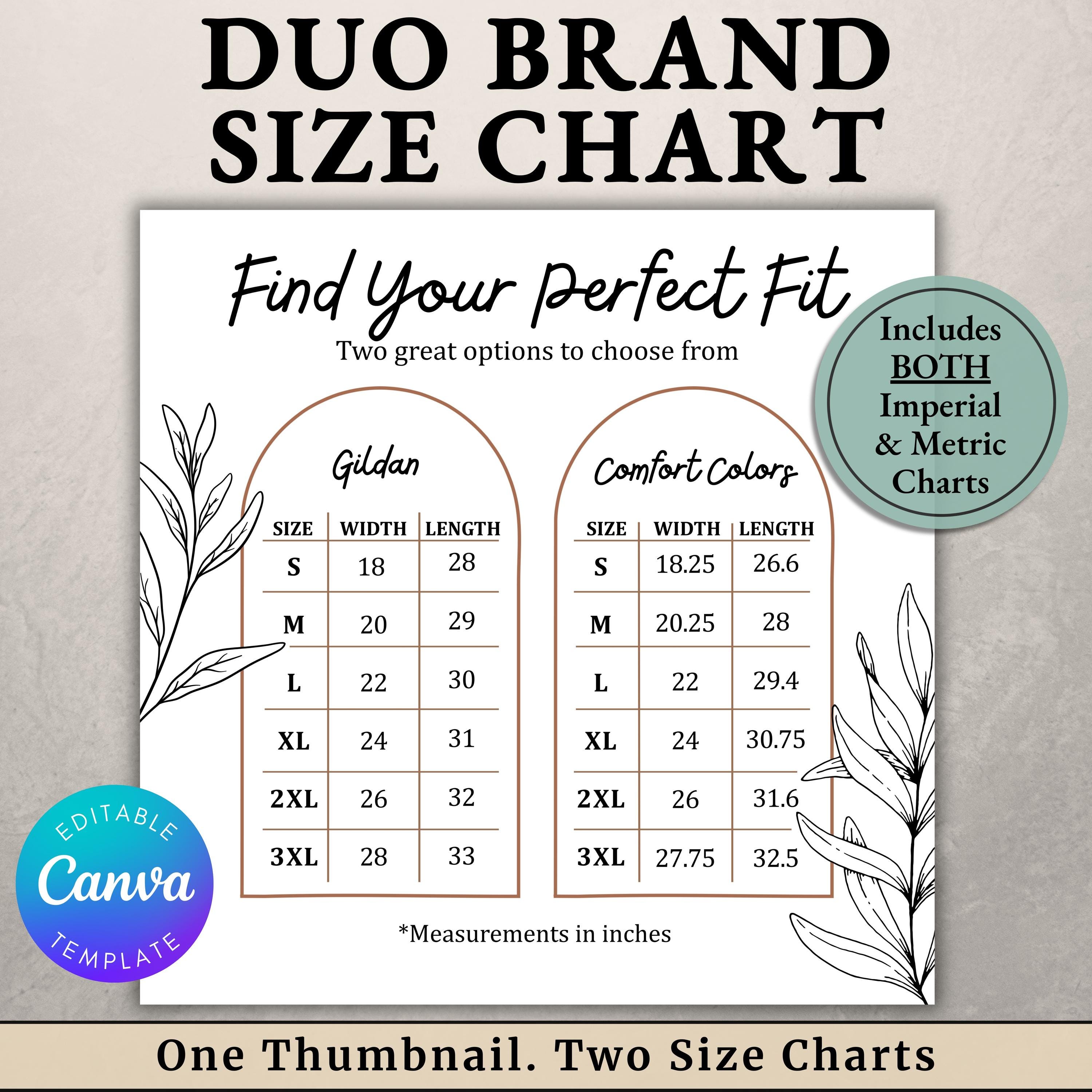 Editable Dual Size Chart Template | Gildan, Comfort Colors (imperial ...