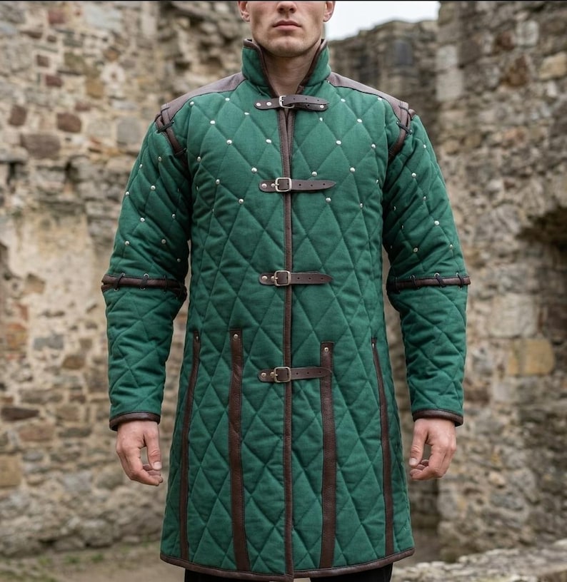 Medieval Knight Padding Medieval Green Gambeson Coat – Quilted LARP Armor for Renaissance Faire ...
