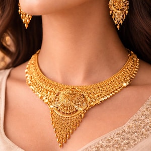 以下が含まれることがあります： 金色のネックレスとイヤリングのセット。ネックレスは、中央に花のモチーフとぶら下がったアクセントが付いた装飾的なデザインです。イヤリングも同様のデザインです。ジュエリーは、クリーム色のトップスを着た人に着用されています。