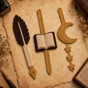 May include: Three handmade crochet bookmarks. One is shaped like a feather quill, another like an open book, and the third features a crescent moon with dangling stars. The bookmarks are in shades of brown, beige, and gold.