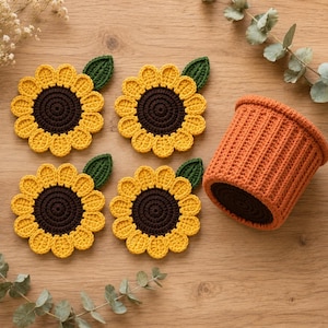 Potted Plant Coaster Set Crochet Pattern, Hidden Flower PDF, Beginner (4 Coasters)