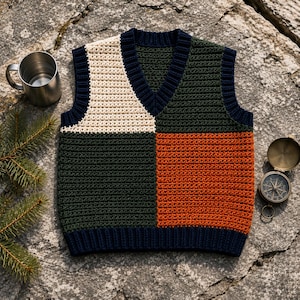 Può includere: Un gilet senza maniche con scollo a V caratterizzato da un design a blocchi di colore crema, verde scuro e arancione bruciato, con bordi a coste blu navy scuro su scollo, giromanica e orlo. Il capo in maglia è appoggiato su una pietra.