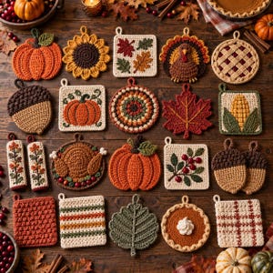 Puede incluir: Una colección de veintiún agarradores de cocina tejidos a ganchillo con motivos otoñales que incluyen calabazas, girasoles, pavos, bellotas, hojas, maíz, bayas y pasteles en tonos naranja, marrón, rojo, amarillo, verde y crema sobre madera.