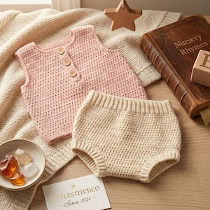 Puede incluir: Un conjunto de ropa de bebé hecho a mano en colores rosa y crema. El conjunto incluye un top de ganchillo con botones de madera y bragas a juego. Una estrella de madera, un libro antiguo titulado "Nursery Rhymes" y un pequeño cuenco con cristales también están en la imagen.