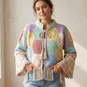 Virkmönster för kofta med hexagonmönster, handledning för pastellfärgad tröja