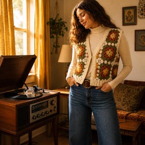 May include: A sleeveless crochet vest featuring a granny square pattern in shades of cream, olive green, mustard yellow, and burnt orange. The vest has a V-neckline, a front button closure, and ribbed trim, worn over a cream long-sleeve turtleneck.