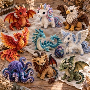 May include: A collection of ten crocheted mythical creatures including a red dragon, a white unicorn, a brown griffin, a phoenix, a blue sea dragon, a white pegasus, a purple octopus, a chimera, a green dragon, and a patterned egg.