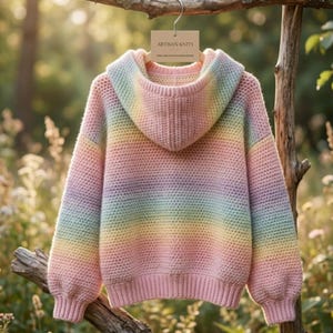 Può includere: Una felpa con cappuccio dai colori pastello arcobaleno è appesa a un ramo. La felpa presenta orlo e polsini a coste e il cappuccio è foderato con la stessa sfumatura arcobaleno. L'etichetta recita "ARTISAN KNITS".