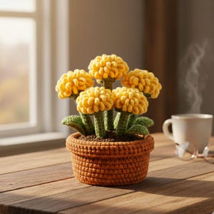 May include: A crocheted flower arrangement in a terracotta-colored pot. The flowers are a vibrant yellow, with green stems and leaves. The pot sits on a wooden surface, with a cup of coffee and glasses in the background.
