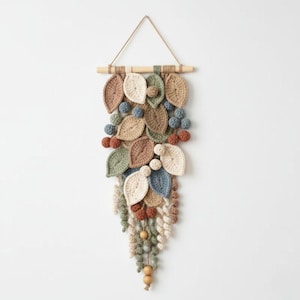 Crochet wall hanging pattern PDF cascading leaves dowel decor beginner assembly