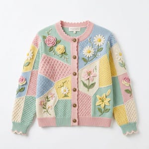 Op de afbeelding: Een pastelkleurig vest met een patchwork-ontwerp. De trui heeft verschillende bloemenapplicaties, waaronder rozen, madeliefjes en lelies. Het heeft een geschulpte halslijn en zoom en wordt gesloten met goudkleurige knopen.