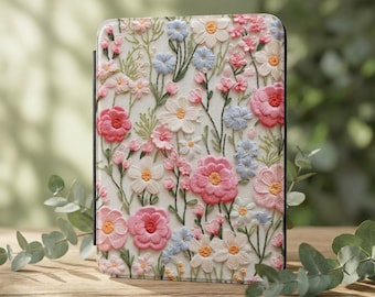 Pastel Faux Embroider Flowers Kindle Case | Floral Tablet Cover Mothers Day