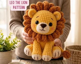 Schema PDF per realizzare all'uncinetto Leo il Leone - Simpatico peluche amigurumi a forma di leone, schema per principianti, download digitale