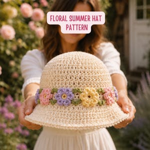 Crochet Floral Summer Bucket Hat Pattern PDF - Floral Crossed Lace Sun Hat, Beach Woman's Bucket Crochet Pattern, Digital Pattern