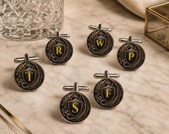 Black & Gold Fantasy Shield Cufflinks • Personalised Dragon Cufflinks • Groomsmen Gift • Wedding Party Gift