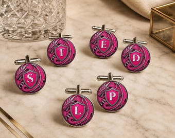 Pink Fantasy Shield Cufflinks • Personalised Dragon Cufflinks • Groomsmen Gift • Wedding Party Gift