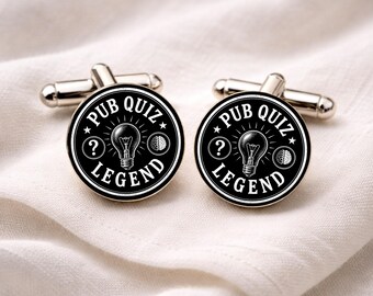 Pub Quiz Legend Cufflinks • Funny Quiz Night Gift • Trivia Lover Cufflinks • Geeky Pub Gift for Men • Monochrome Humour Jewellery