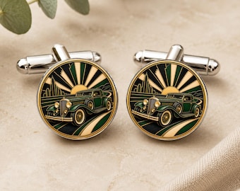 Classic Car Cufflinks, Art Deco 1920s-Inspired Design, Silver Tone, Choice of Colours