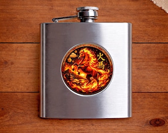 Fire Horse 2026 Hip Flask – Year of the Horse Gift – Chinese Zodiac Flask – Motivational Gift for Him – Lunar New Year – Ambition & Success