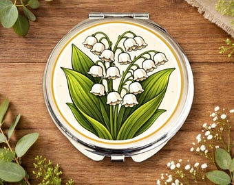Kieszonkowe lusterko z motywem kwiatów na maj • Kompaktowe lusterko z motywem konwalii • Prezent urodzinowy dla urodzonych w maju • Lusterko z motywem kwiatów na miesiąc urodzenia