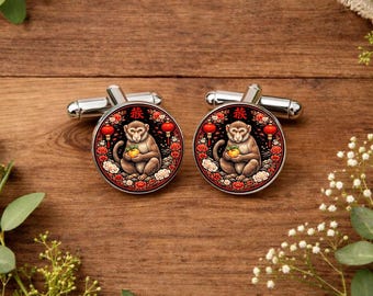 Year of the Monkey Cufflinks for Men • Chinese Zodiac Jewellery • Lunar New Year Gift • Monkey Zodiac Sign Gift • Groomsmen Gift • Gift Box