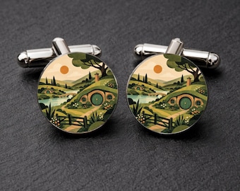 Fantasy Wedding Cufflinks • Storybook Cottage Gift • Travel Poster Style Cufflinks • Quest Lover Gift • Groomsmen Gift