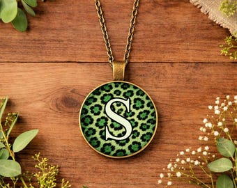 Personalised Green Leopard Print Necklace • Initial Necklace • Custom Name Pendant • Animal Print Jewellery • Gold Silver Bronze Gift