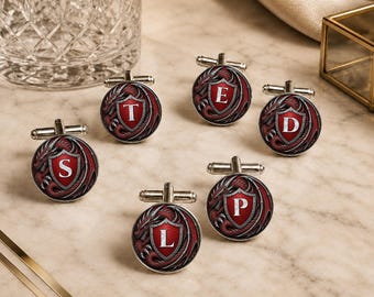 Red Fantasy Shield Cufflinks • Personalised Dragon Cufflinks • Groomsmen Gift • Wedding Party Gift