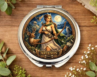 Artemis Greek Goddess Compact Mirror • Mythology Gift • Olympian Moon Mirror • Gift for Birthday or Christmas