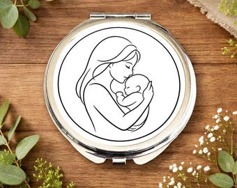 Minimalist Mum & Baby Compact Mirror – New Mum Gift – First Mother’s Day Present – Postpartum Keepsake – Motherhood Line Art Mirror